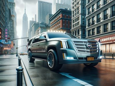 Luxury SUV on rainy New York City street