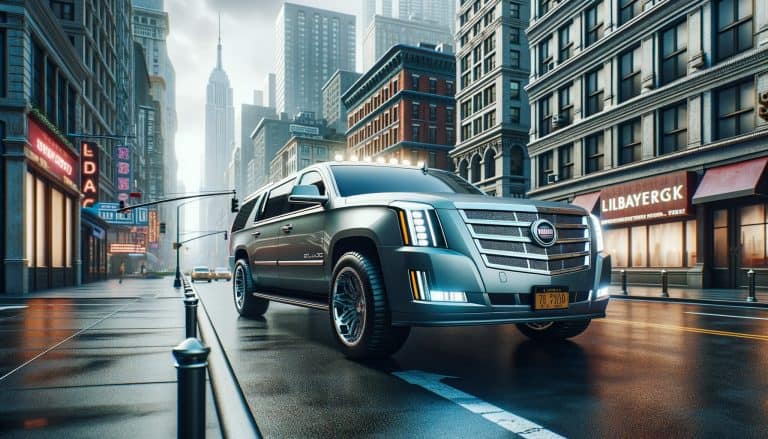 Luxury SUV on rainy New York City street