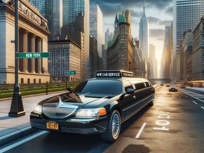 Black limousine on New York City street.