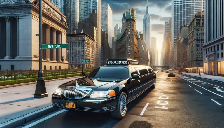Black limousine on New York City street.