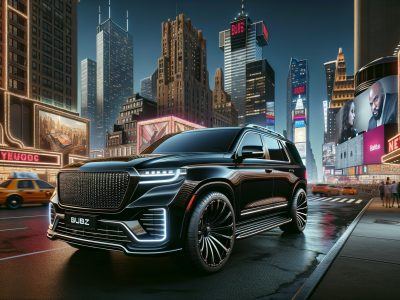 Black luxury SUV in neon-lit city at night