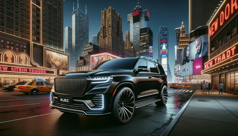 Black luxury SUV in neon-lit city at night