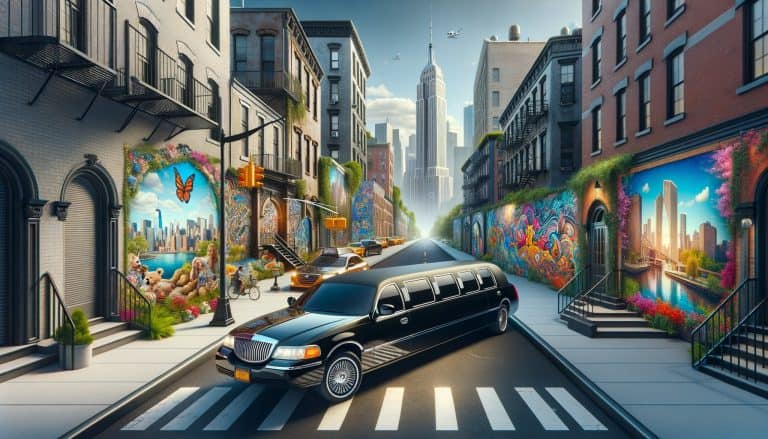 Black limousine on mural-lined New York street