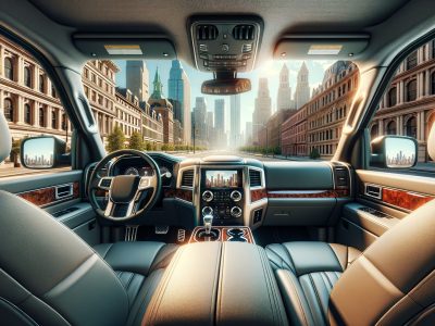 Luxury SUV interior overlooking downtown city skyline