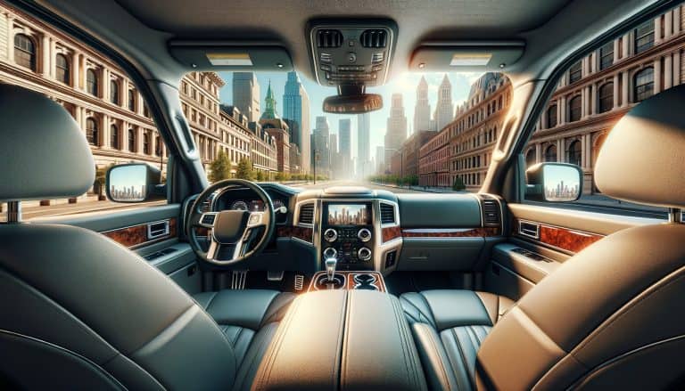 Luxury SUV interior overlooking downtown city skyline