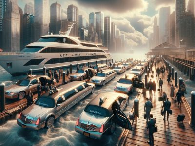 Luxury yacht and limousines at city harbor pier