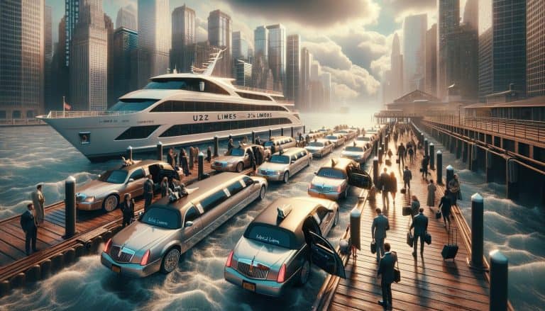 Luxury yacht and limousines at city harbor pier