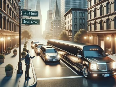 Limousines lined up on city street with chauffeur