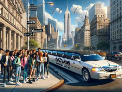 Teens boarding stretch limousine in downtown city.