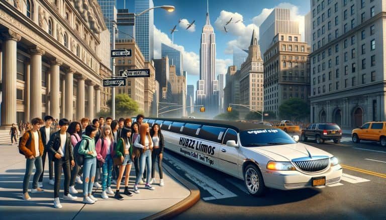 Teens boarding stretch limousine in downtown city.
