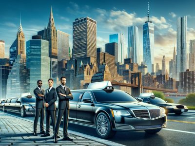 Chauffeurs beside luxury limousines with New York skyline