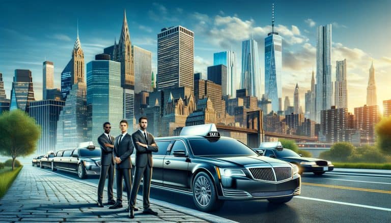 Chauffeurs beside luxury limousines with New York skyline