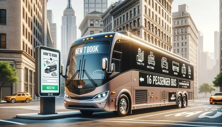Modern 16-passenger bus at city booking kiosk