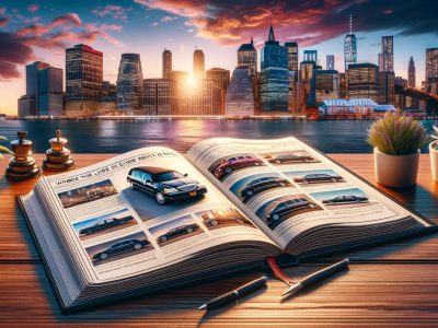 Open limousine magazine with New York skyline sunset