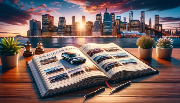 Open limousine magazine with New York skyline sunset