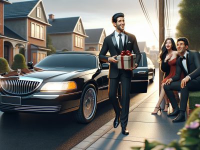 Man with gift exiting limousine in suburb