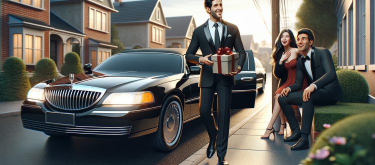 Man with gift exiting limousine in suburb