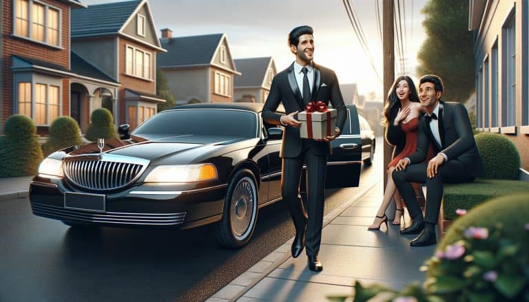 Man with gift exiting limousine in suburb