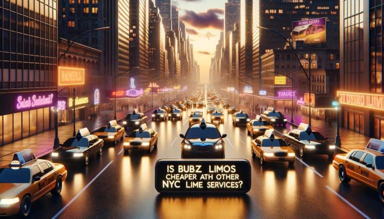 Busy New York City street with taxis at sunset
