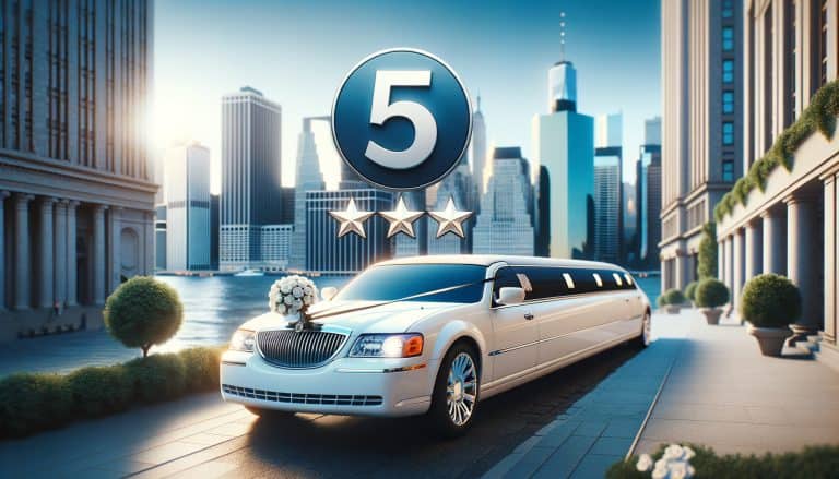 White stretch limousine with five-star rating city backdrop
