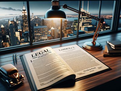 Open legal book on desk overlooking city skyline