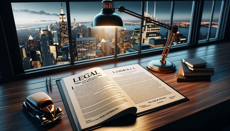 Open legal book on desk overlooking city skyline