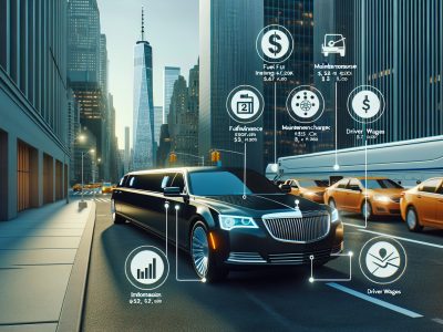 Black limousine with cost breakdown icons in city