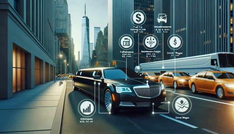 Black limousine with cost breakdown icons in city