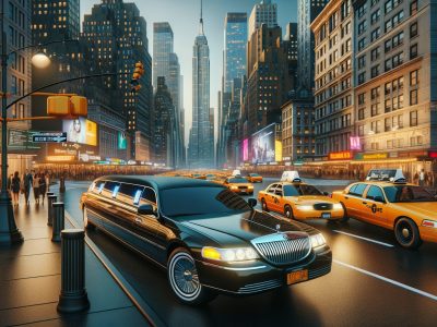 Black limousine and yellow taxis in Manhattan at dusk