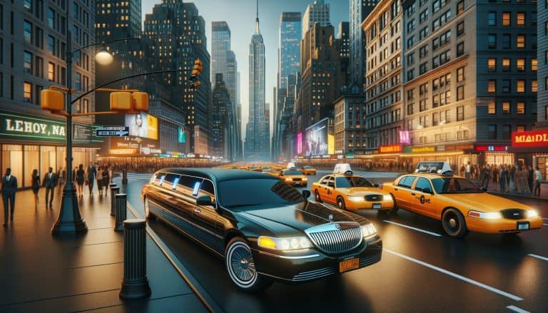 Black limousine and yellow taxis in Manhattan at dusk