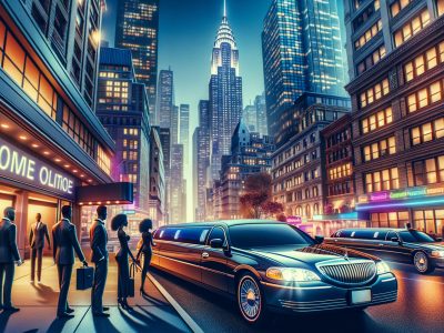 Luxury limousines outside upscale city building at night