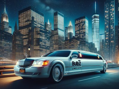 White stretch limousine driving in NYC at night