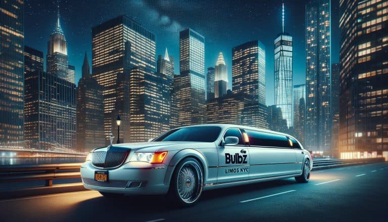 White stretch limousine driving in NYC at night