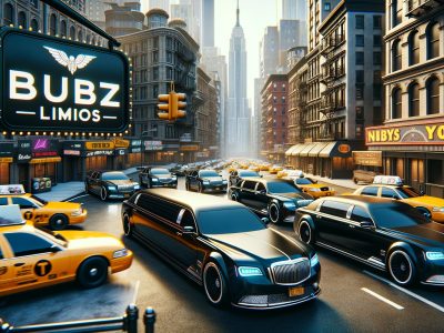 Black limousines and yellow taxis in city street