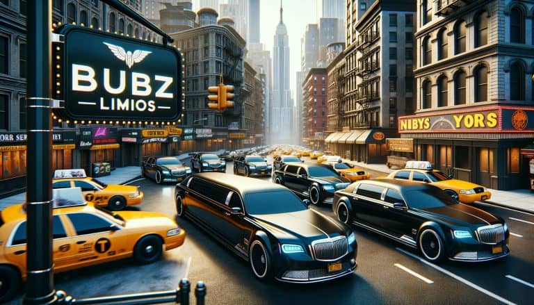 Black limousines and yellow taxis in city street