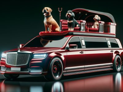Three dogs atop luxury red limousine SUV
