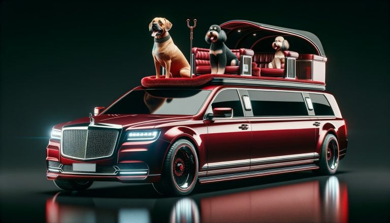 Three dogs atop luxury red limousine SUV