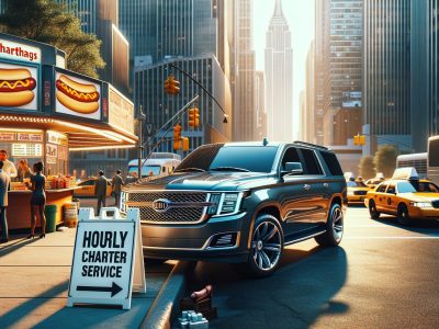 Luxury SUV parked by hourly charter service sign