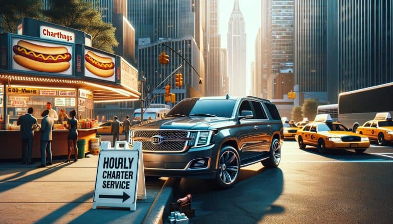 Luxury SUV parked by hourly charter service sign