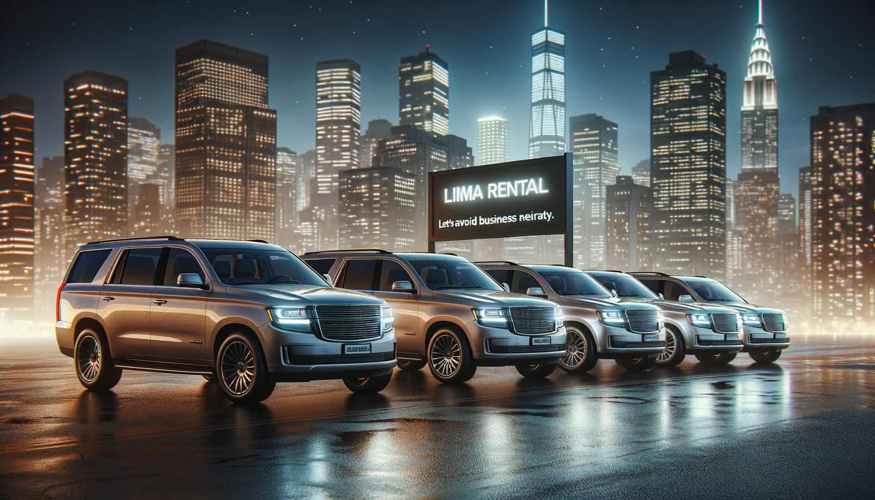 Luxury SUV fleet with city skyline at night