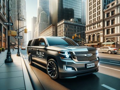 Black luxury SUV driving through downtown city street