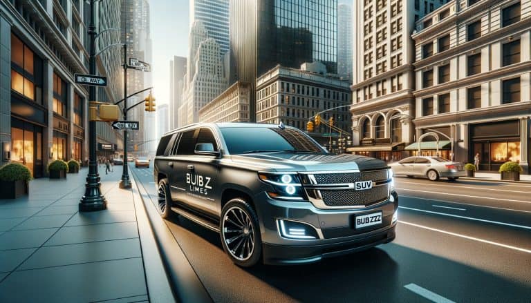 Black luxury SUV driving through downtown city street