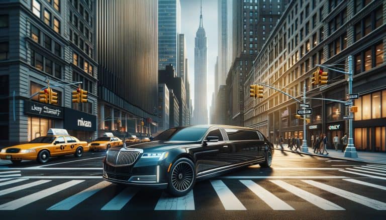 Black stretch limousine in New York City intersection