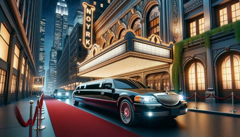 Black limousine on red carpet outside theater at night