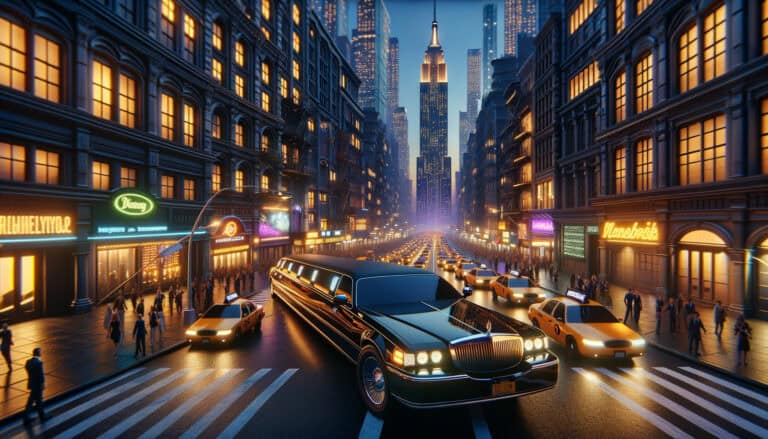Stretch limousine amid taxis on busy nighttime city street