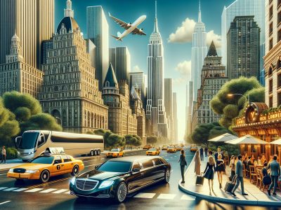 New York City street with taxis, limousine, airplane overhead