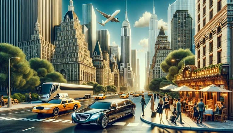 New York City street with taxis, limousine, airplane overhead