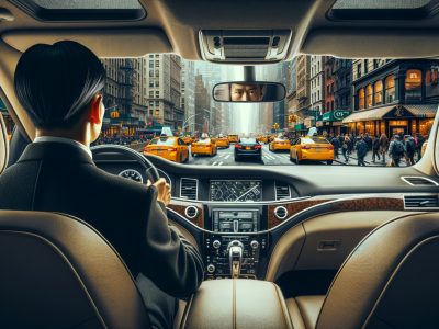 Driver navigating busy city street with yellow taxis