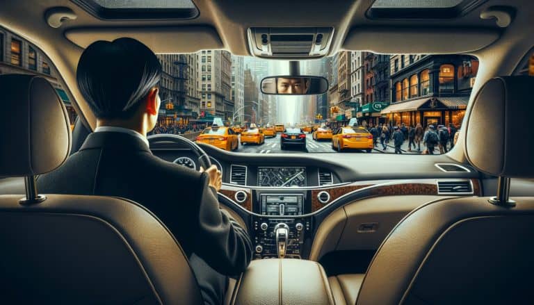 Driver navigating busy city street with yellow taxis
