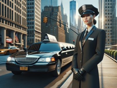Chauffeur standing beside black limousine in city